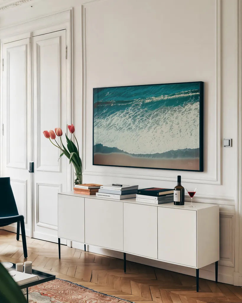 Pacific Afternoon I by Nathan Larson. shown as a framed stretched canvas in a living room above a console. Available as a archival giclee rolled canvas, fine art paper, or poster print. SKU 88470i.