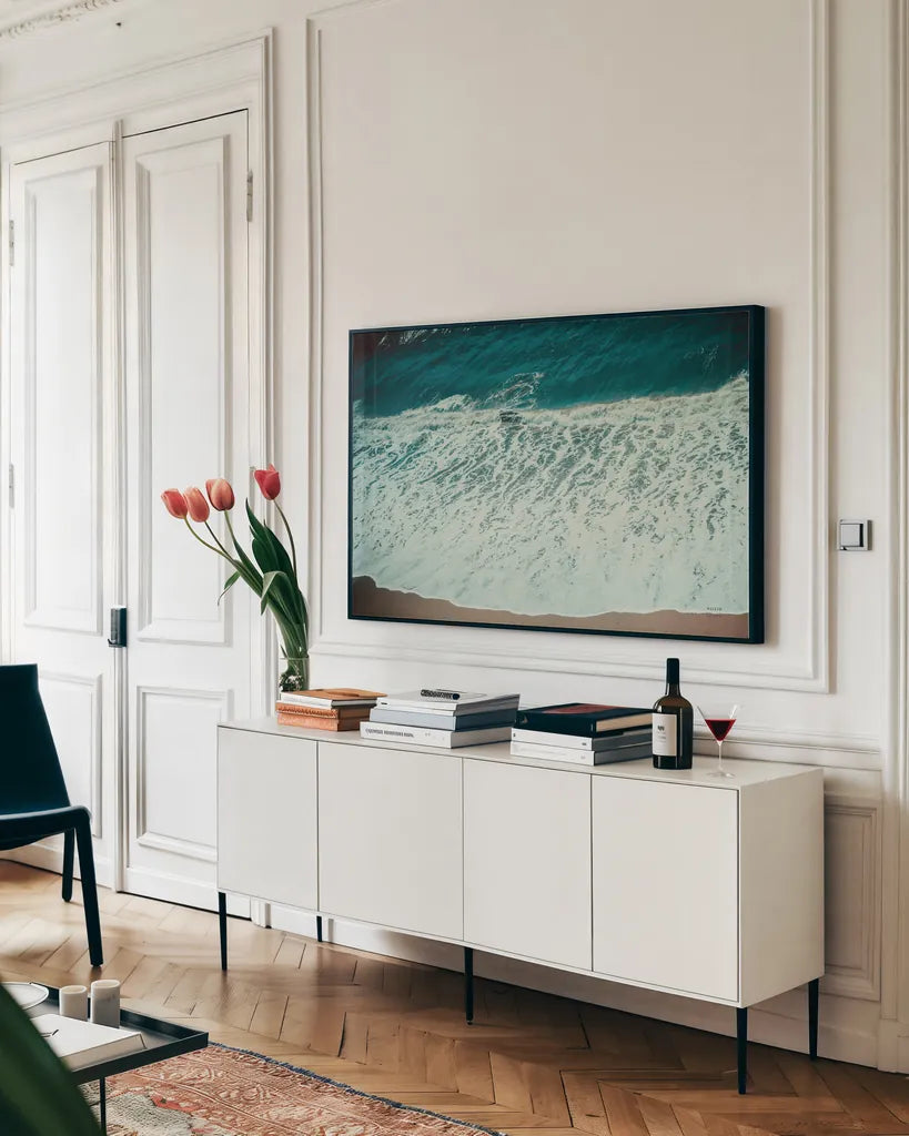 Pacific Afternoon II by Nathan Larson. shown as a framed stretched canvas in a living room above a console. Available as a archival giclee rolled canvas, fine art paper, or poster print. SKU 88471i.