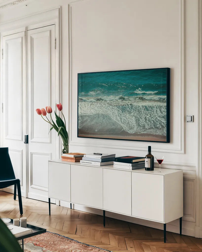 Pacific Afternoon IV by Nathan Larson. shown as a framed stretched canvas in a living room above a console. Available as a archival giclee rolled canvas, fine art paper, or poster print. SKU 88473i.