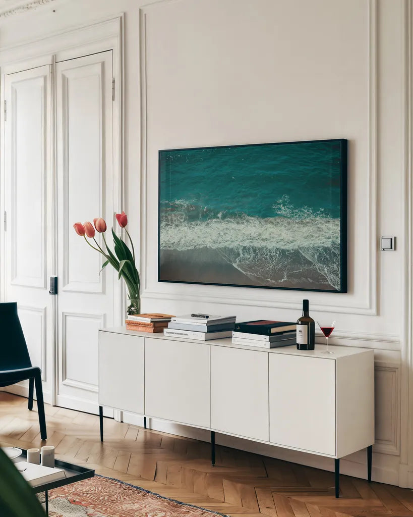 Pacific Afternoon V by Nathan Larson. shown as a framed stretched canvas in a living room above a console. Available as a archival giclee rolled canvas, fine art paper, or poster print. SKU 88474i.