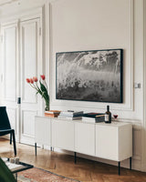Pacific Moves I by Nathan Larson. shown as a framed stretched canvas in a living room above a console. Available as a archival giclee rolled canvas, fine art paper, or poster print. SKU 86920i.