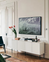 Pacific Moves I Color by Nathan Larson. shown as a framed stretched canvas in a living room above a console. Available as a archival giclee rolled canvas, fine art paper, or poster print. SKU 86922i.