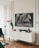 Painted Pony by Nathan Larson. shown as a framed stretched canvas in a living room above a console. Available as a archival giclee rolled canvas, fine art paper, or poster print. SKU 99383i.