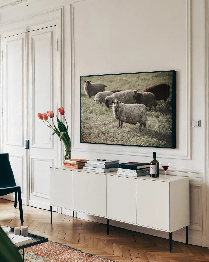 Pastures by Nathan Larson. shown as a framed stretched canvas in a living room above a console. Available as a archival giclee rolled canvas, fine art paper, or poster print. SKU 83983i.