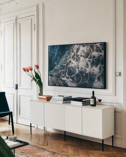 Peacock Study I Horizontal by Nathan Larson. shown as a framed stretched canvas in a living room above a console. Available as a archival giclee rolled canvas, fine art paper, or poster print. SKU 89940i.