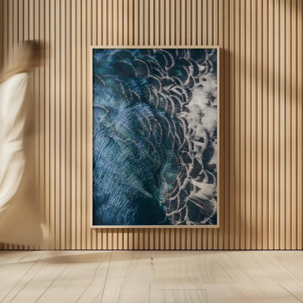 Peacock Study II by Nathan Larson. shown as over sized large wall art. Available as an archival giclee rolled canvas, fine art paper, or poster print. SKU 81193h.