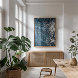 Peacock Study II by Nathan Larson. shown as a print in a natural wood frame in a dining room. Available as a archival giclee rolled canvas, fine art paper, or poster print. SKU 81193h.