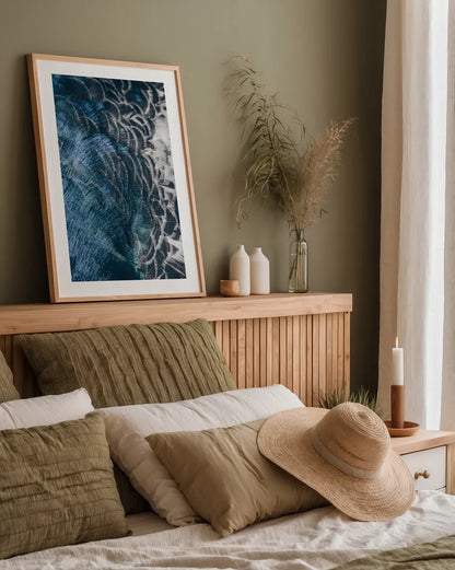 Peacock Study II by Nathan Larson. shown as a paper print in a natural frame. Available as a archival giclee rolled canvas, fine art paper, or poster print. SKU 81193h.