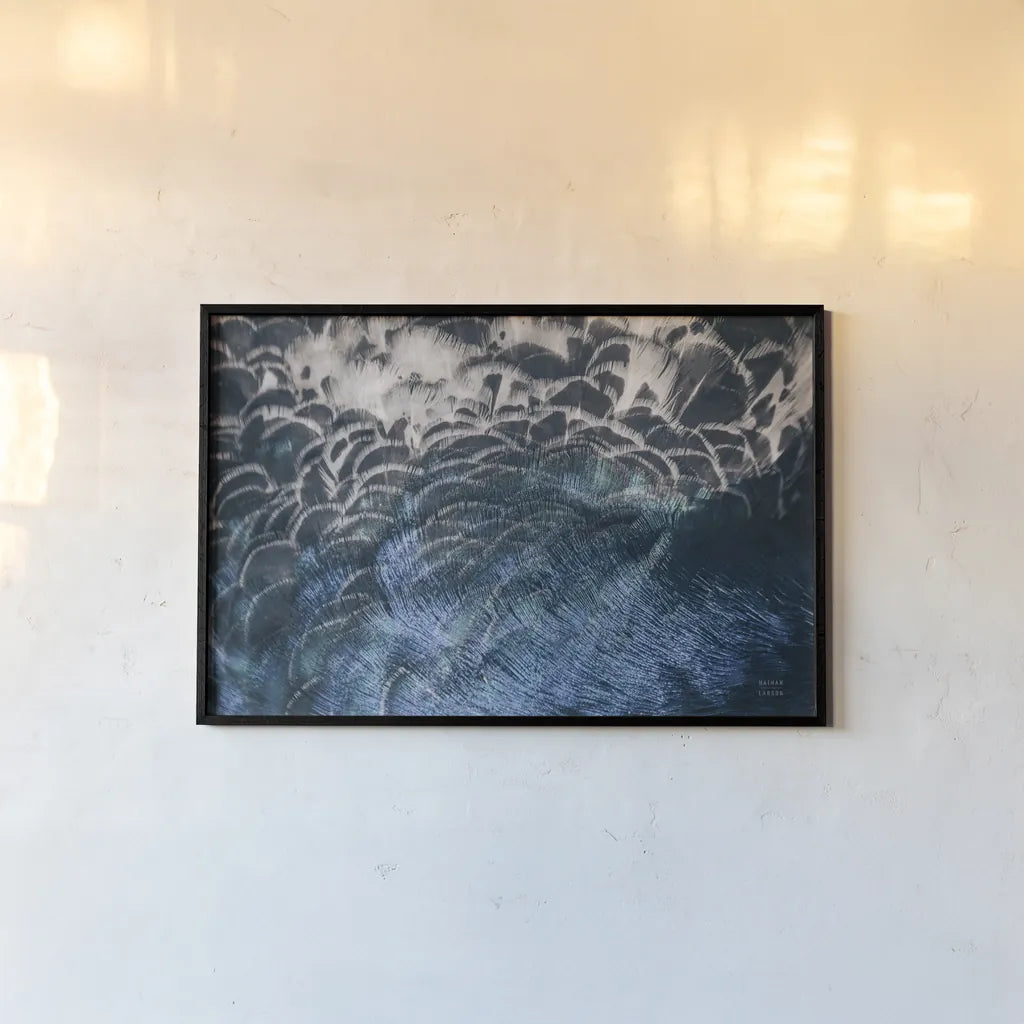 Peacock Study II Horizontal by Nathan Larson. shown as a paper print in a black flame. Available as a archival giclee rolled canvas, fine art paper, or poster print. SKU 89941i.