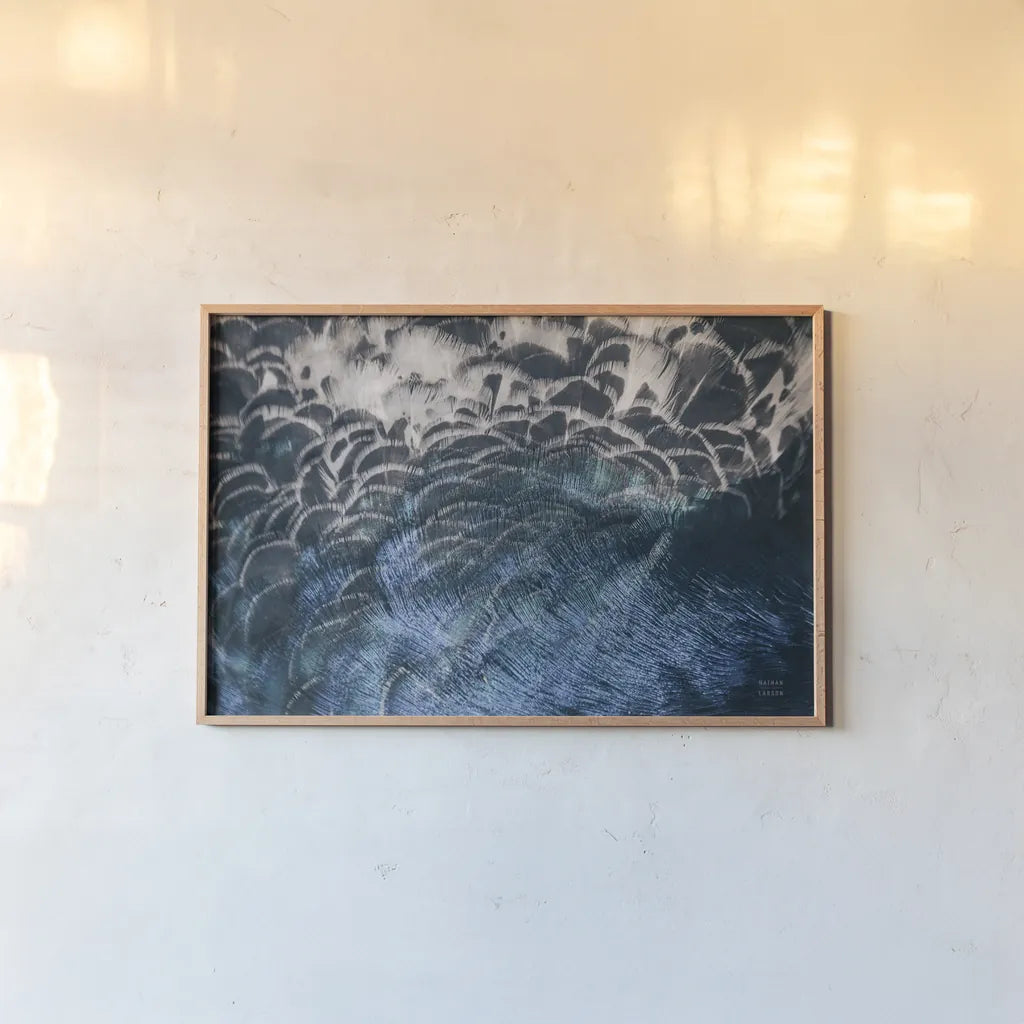 Peacock Study II Horizontal by Nathan Larson. shown as a paper print in a natural frame. Available as a archival giclee rolled canvas, fine art paper, or poster print. SKU 89941i.