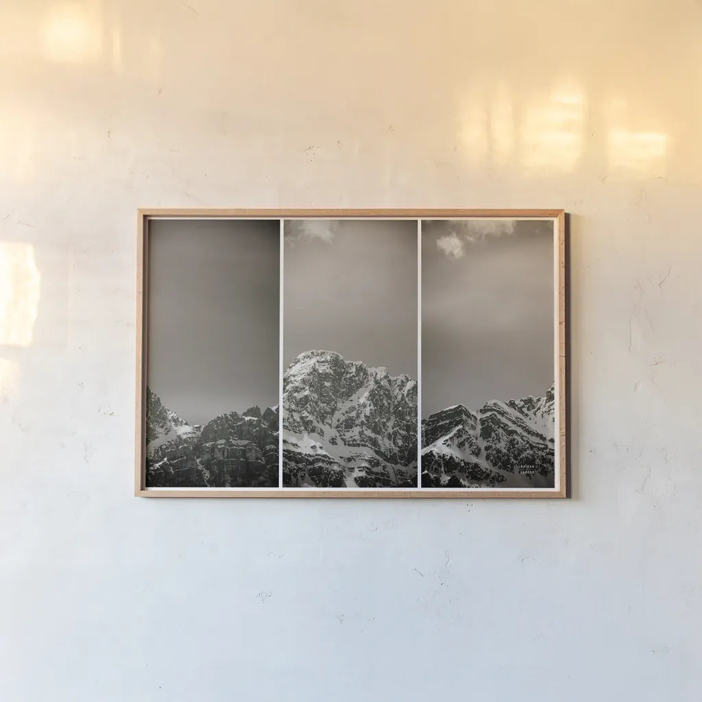 Peak Panel by Nathan Larson. shown as a paper print in a natural frame. Available as a archival giclee rolled canvas, fine art paper, or poster print. SKU 82414i.