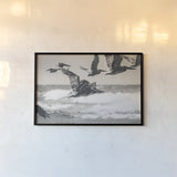 Pelican Beach by Nathan Larson. shown as a paper print in a black flame. Available as a archival giclee rolled canvas, fine art paper, or poster print. SKU 90480i.