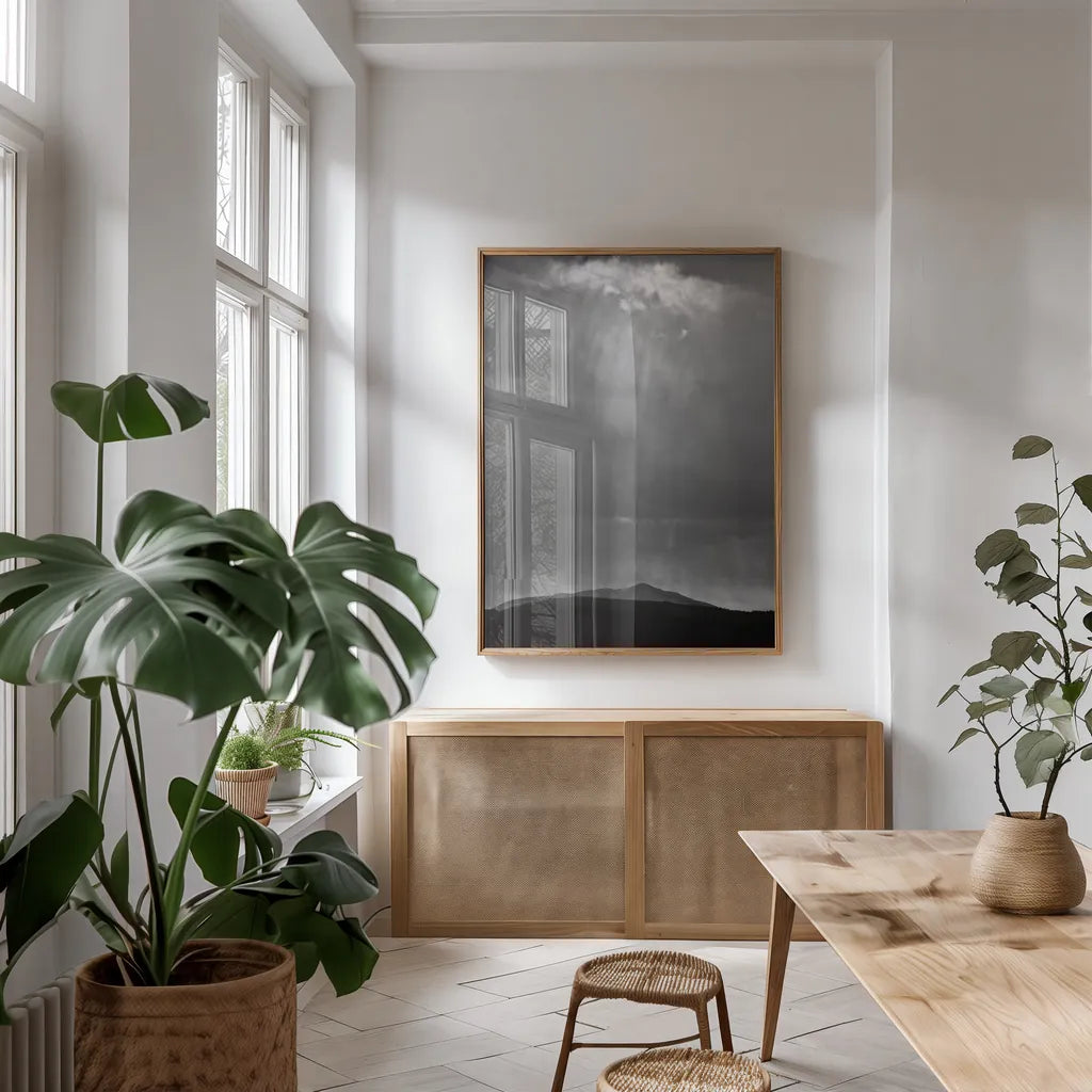 Perspective by Nathan Larson. shown as a print in a natural wood frame in a dining room. Available as a archival giclee rolled canvas, fine art paper, or poster print. SKU 73693h.