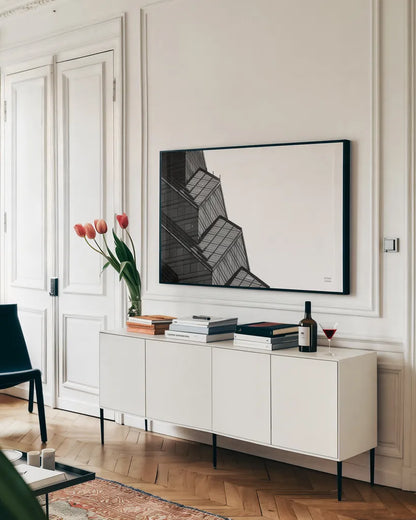 Philly View I by Nathan Larson. shown as a framed stretched canvas in a living room above a console. Available as a archival giclee rolled canvas, fine art paper, or poster print. SKU 88601i.