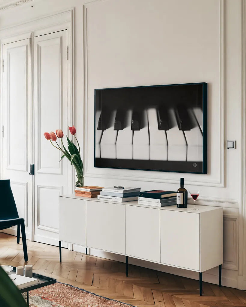 Piano Lounge I by Nathan Larson. shown as a framed stretched canvas in a living room above a console. Available as a archival giclee rolled canvas, fine art paper, or poster print. SKU 76310i.