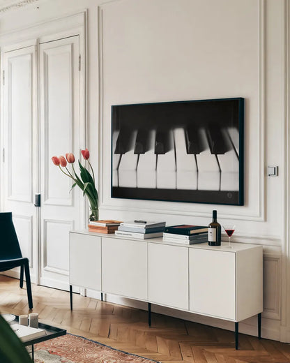 Piano Lounge I by Nathan Larson. shown as a framed stretched canvas in a living room above a console. Available as a archival giclee rolled canvas, fine art paper, or poster print. SKU 76310i.