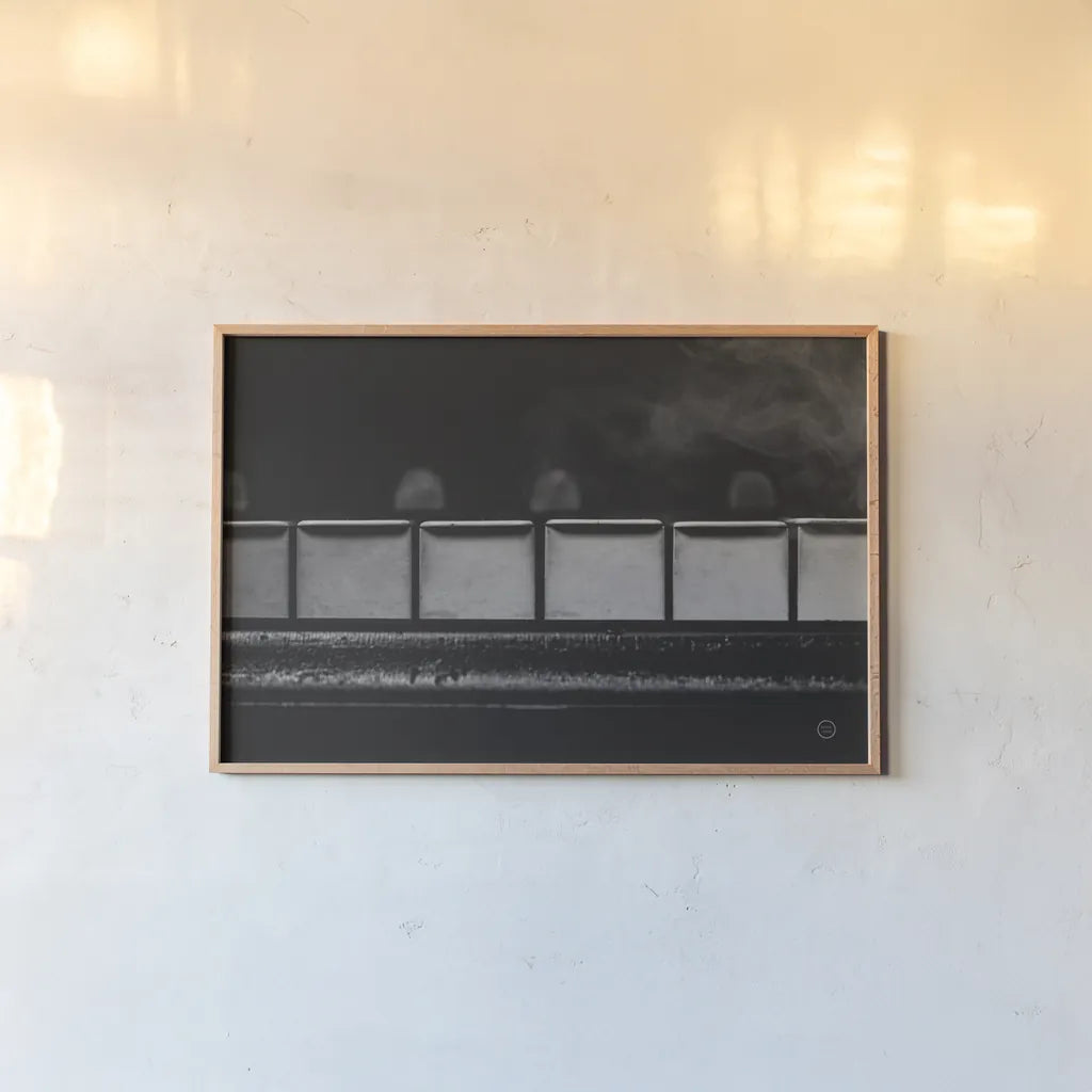 Piano Lounge II by Nathan Larson. shown as a paper print in a natural frame. Available as a archival giclee rolled canvas, fine art paper, or poster print. SKU 76311i.