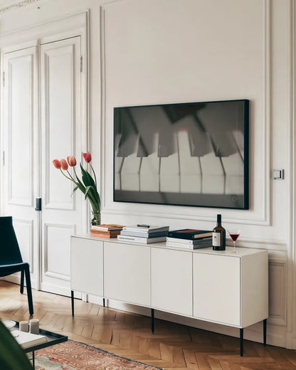 Piano Lounge III by Nathan Larson. shown as a framed stretched canvas in a living room above a console. Available as a archival giclee rolled canvas, fine art paper, or poster print. SKU 76312i.