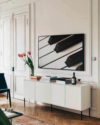 Piano Lounge IV by Nathan Larson. shown as a framed stretched canvas in a living room above a console. Available as a archival giclee rolled canvas, fine art paper, or poster print. SKU 76313i.