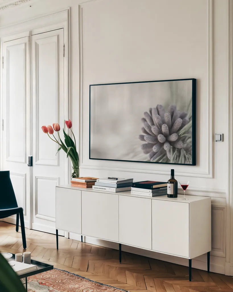 Pine Cone Begins by Nathan Larson. shown as a framed stretched canvas in a living room above a console. Available as a archival giclee rolled canvas, fine art paper, or poster print. SKU 97890i.