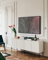 Pink Morning IV by Nathan Larson. shown as a framed stretched canvas in a living room above a console. Available as a archival giclee rolled canvas, fine art paper, or poster print. SKU 98722i.