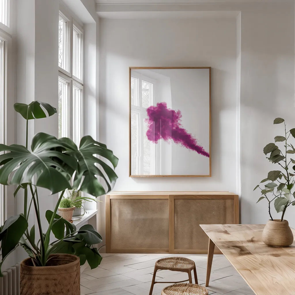 Pink Smoke by Nathan Larson. shown as a print in a natural wood frame in a dining room. Available as a archival giclee rolled canvas, fine art paper, or poster print. SKU 82302h.