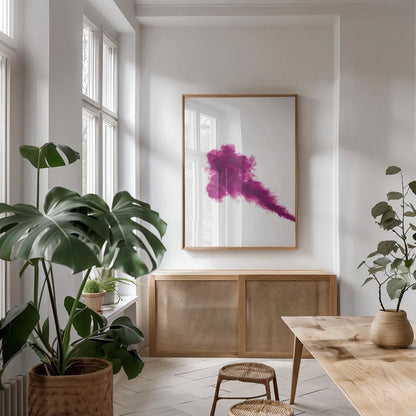 Pink Smoke by Nathan Larson. shown as a print in a natural wood frame in a dining room. Available as a archival giclee rolled canvas, fine art paper, or poster print. SKU 82302h.
