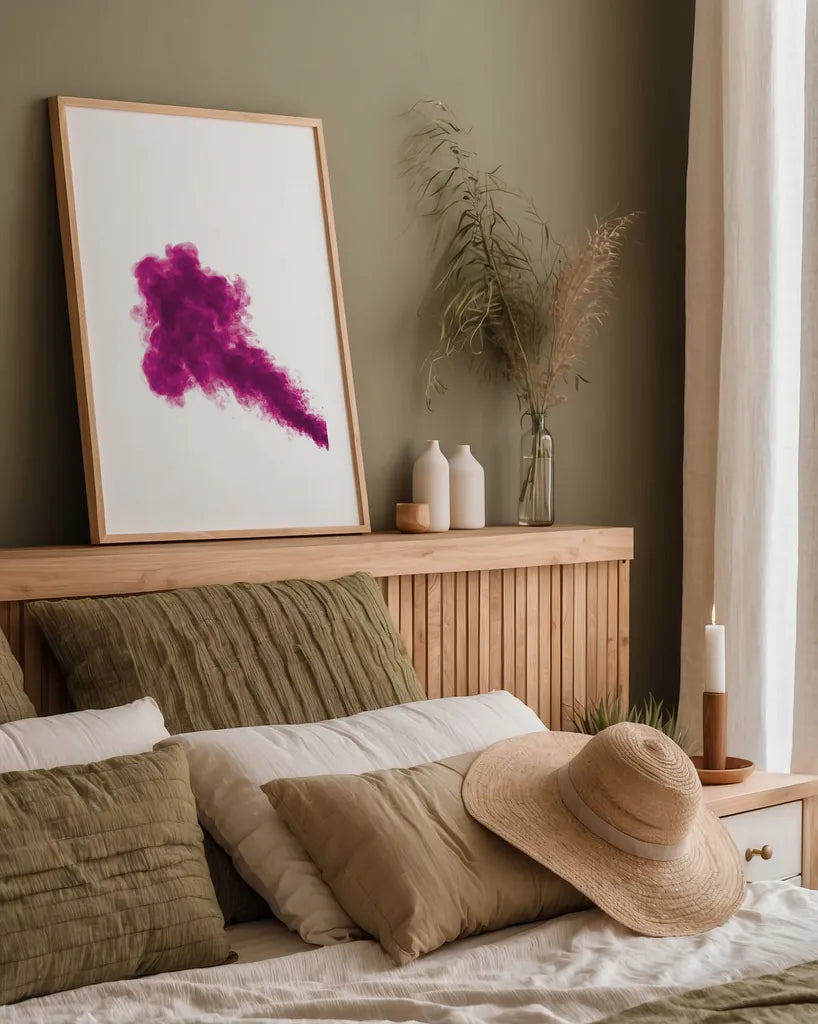 Pink Smoke by Nathan Larson. shown as a paper print in a natural frame. Available as a archival giclee rolled canvas, fine art paper, or poster print. SKU 82302h.