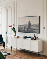 Pinnacle by Nathan Larson. shown as a framed stretched canvas in a living room above a console. Available as a archival giclee rolled canvas, fine art paper, or poster print. SKU 96624i.