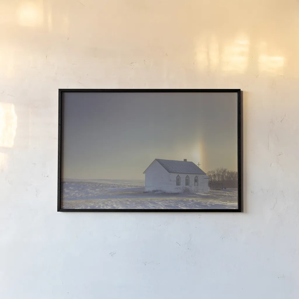 Prairie Church Solo Halo by Nathan Larson. shown as a paper print in a black flame. Available as a archival giclee rolled canvas, fine art paper, or poster print. SKU 84239i.