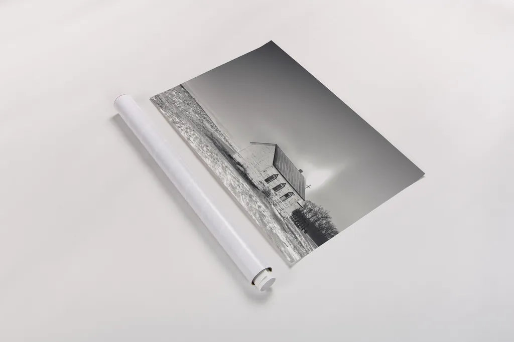 Prairie Church Solo Halo BW by Nathan Larson. shown as a rolled paper print. Available as archival giclee rolled canvas, fine art paper, or poster print. SKU 84240i.