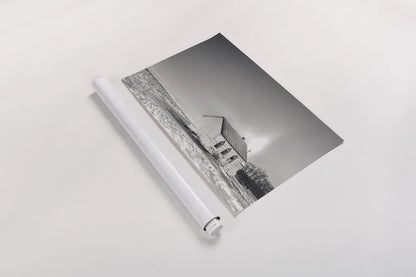 Prairie Church Solo Halo BW by Nathan Larson. shown as a rolled paper print. Available as archival giclee rolled canvas, fine art paper, or poster print. SKU 84240i.