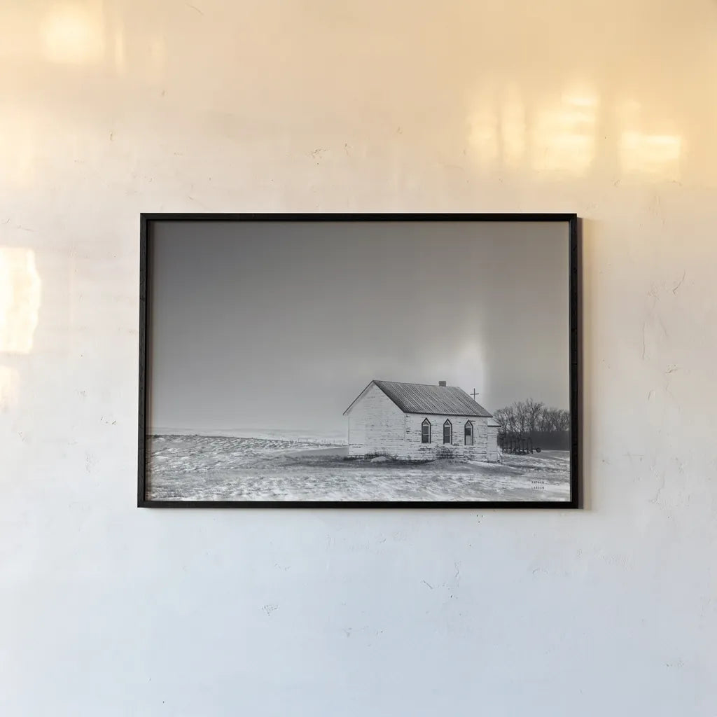 Prairie Church Solo Halo BW by Nathan Larson. shown as a paper print in a black flame. Available as a archival giclee rolled canvas, fine art paper, or poster print. SKU 84240i.