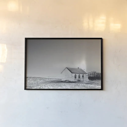 Prairie Church Solo Halo BW by Nathan Larson. shown as a paper print in a black flame. Available as a archival giclee rolled canvas, fine art paper, or poster print. SKU 84240i.