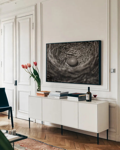 Preparing I by Nathan Larson. shown as a framed stretched canvas in a living room above a console. Available as a archival giclee rolled canvas, fine art paper, or poster print. SKU 99781i.