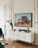 Punch Buggy by Nathan Larson. shown as a framed stretched canvas in a living room above a console. Available as a archival giclee rolled canvas, fine art paper, or poster print. SKU 103999i.
