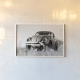 Punch Buggy BW by Nathan Larson. shown as a paper print in a white frame. Available as a archival giclee rolled canvas, fine art paper, or poster print. SKU 103998i.