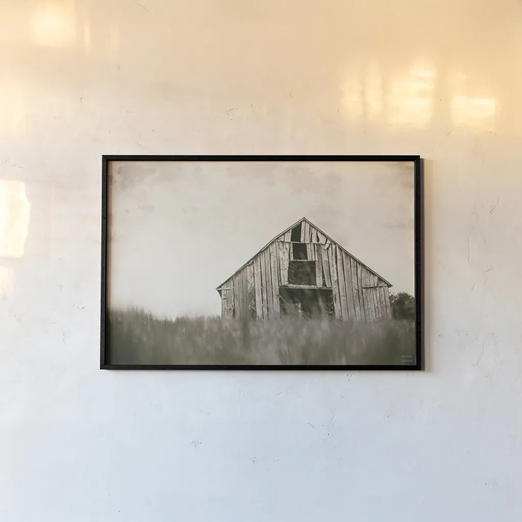Rainy Barn Days by Nathan Larson. shown as a paper print in a black flame. Available as a archival giclee rolled canvas, fine art paper, or poster print. SKU 98025i.