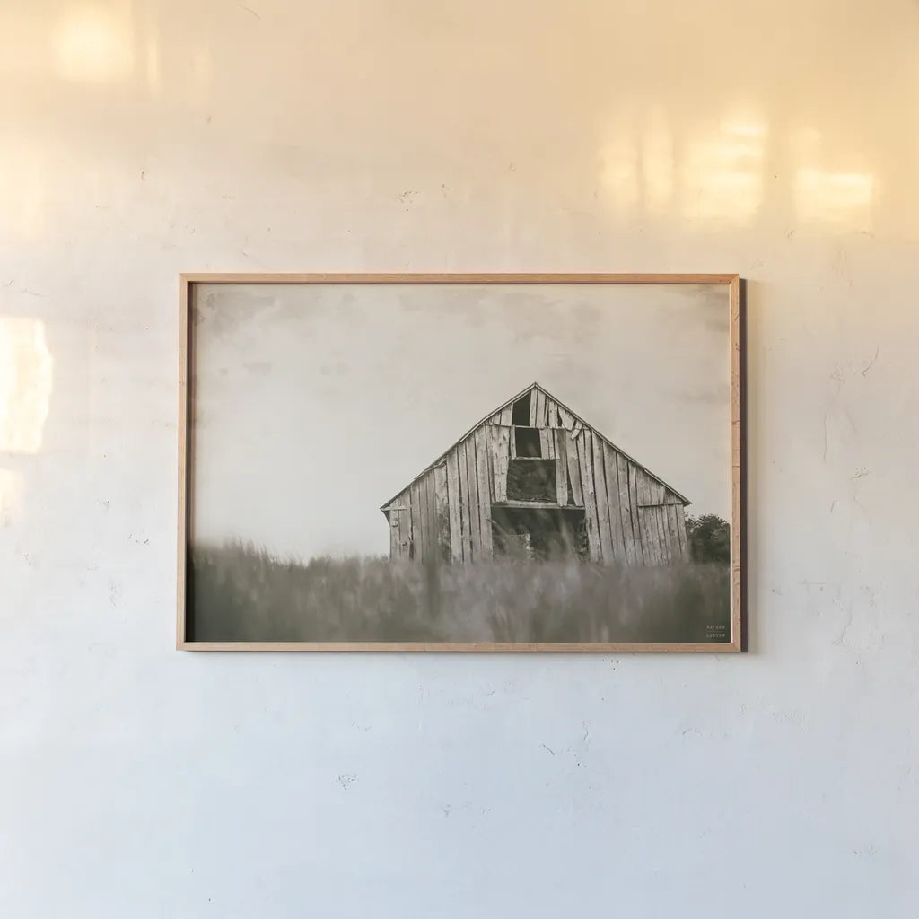 Rainy Barn Days by Nathan Larson. shown as a paper print in a natural frame. Available as a archival giclee rolled canvas, fine art paper, or poster print. SKU 98025i.