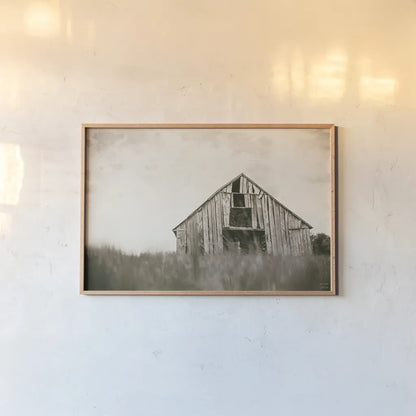 Rainy Barn Days by Nathan Larson. shown as a paper print in a natural frame. Available as a archival giclee rolled canvas, fine art paper, or poster print. SKU 98025i.