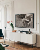 Rainy Pasture III BW by Nathan Larson. shown as a framed stretched canvas in a living room above a console. Available as a archival giclee rolled canvas, fine art paper, or poster print. SKU 99208i.