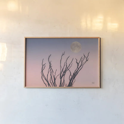 Reaching Up Moon by Nathan Larson. shown as a paper print in a natural frame. Available as a archival giclee rolled canvas, fine art paper, or poster print. SKU 76442i.