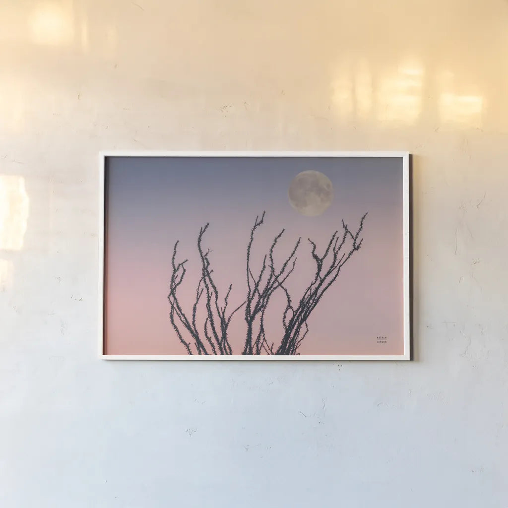 Reaching Up Moon by Nathan Larson. shown as a paper print in a white frame. Available as a archival giclee rolled canvas, fine art paper, or poster print. SKU 76442i.