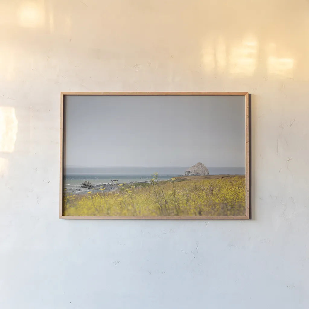 Rocky Coast Days by Nathan Larson. shown as a paper print in a natural frame. Available as a archival giclee rolled canvas, fine art paper, or poster print. SKU 90175i.
