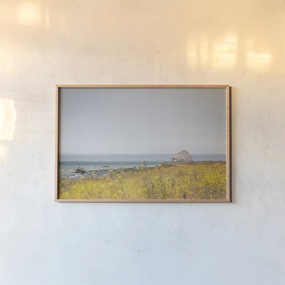 Rocky Coast Days by Nathan Larson. shown as a paper print in a natural frame. Available as a archival giclee rolled canvas, fine art paper, or poster print. SKU 90175i.
