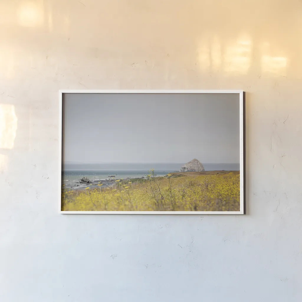 Rocky Coast Days by Nathan Larson. shown as a paper print in a white frame. Available as a archival giclee rolled canvas, fine art paper, or poster print. SKU 90175i.
