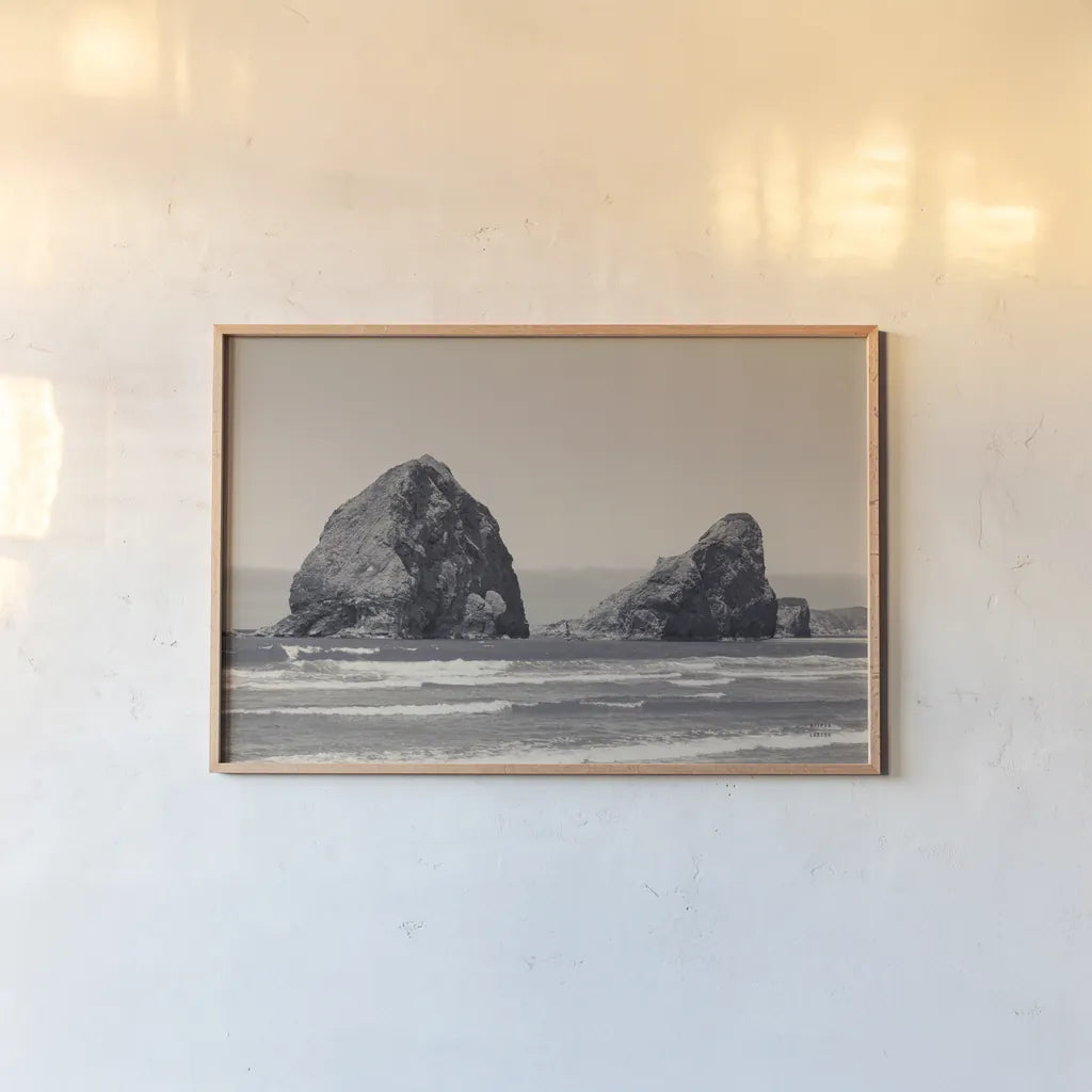 Rocky Shores by Nathan Larson. shown as a paper print in a natural frame. Available as a archival giclee rolled canvas, fine art paper, or poster print. SKU 92598i.