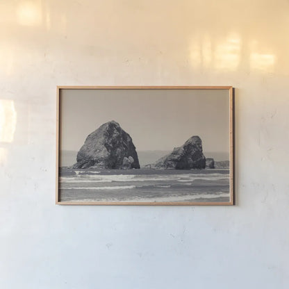 Rocky Shores by Nathan Larson. shown as a paper print in a natural frame. Available as a archival giclee rolled canvas, fine art paper, or poster print. SKU 92598i.