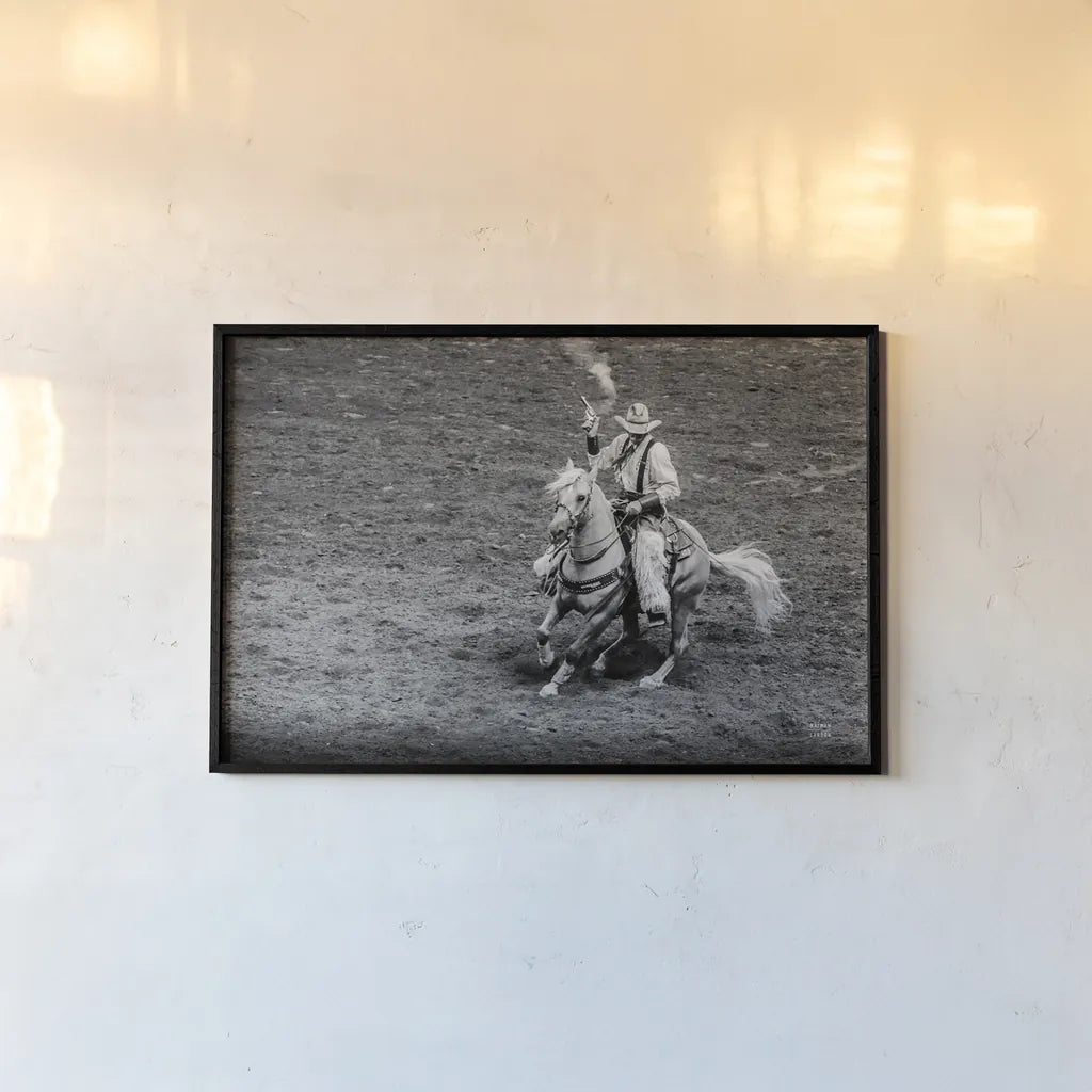 Rodeo I BW by Nathan Larson. shown as a paper print in a black flame. Available as a archival giclee rolled canvas, fine art paper, or poster print. SKU 82721i.