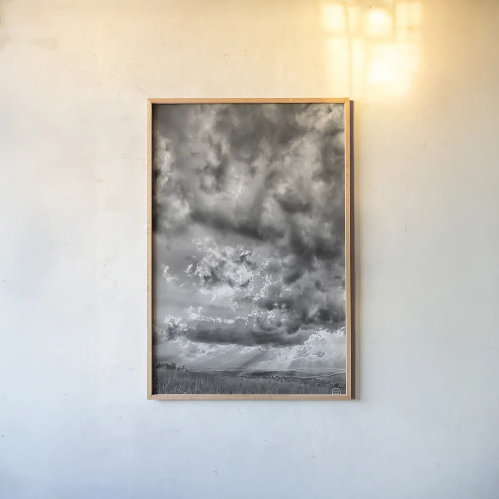 Rolling Pasture Rays by Nathan Larson. shown as a paper print in a natural frame. Available as a archival giclee rolled canvas, fine art paper, or poster print. SKU 71166h.